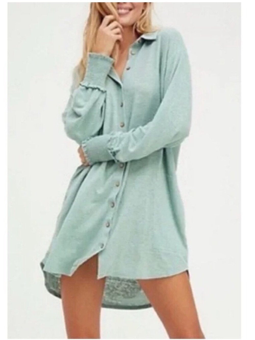 Free People Beach Promenade Mini Shirt Dress Green Long Sleeve Linen size Large - Picture 2 of 11